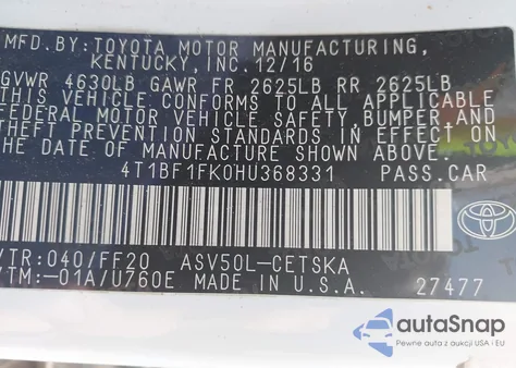 2017 Toyota Camry Se from USA, damaged, VIN 4T1BF1FK0HU368331